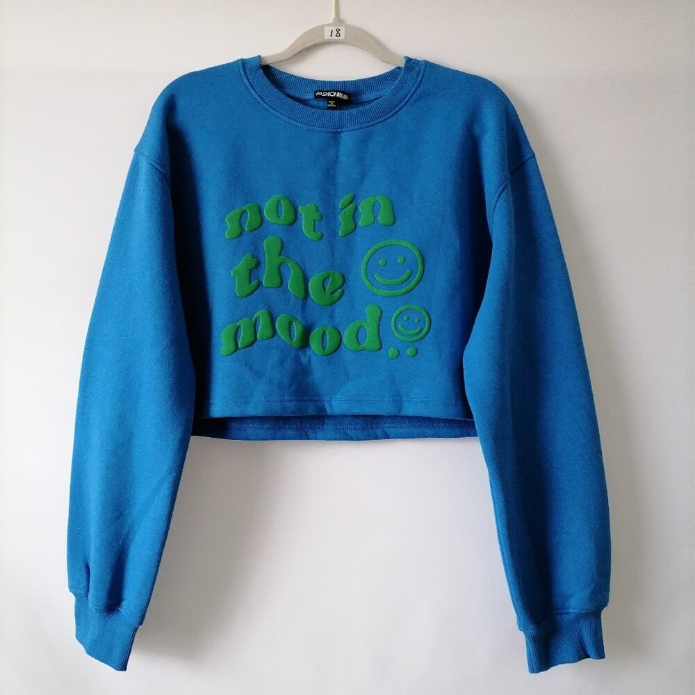 NWT Fashion Nova Womens Blue Crew Neck Not In The Mood Sweatshirt Size XL